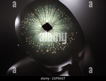 Artificial brain with central microprocessor. Electric pulses in the electronic circuit of the brain implant, represents the computer technology with Stock Photo