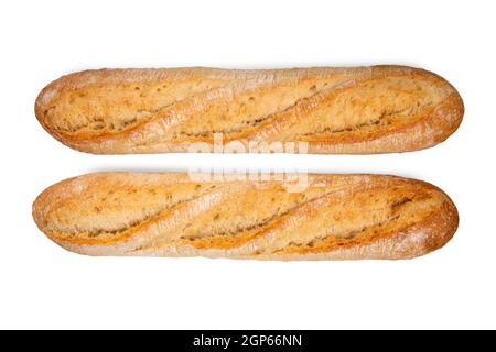 two fresh crunchy french baguette breads isolated on white, top view Stock Photo