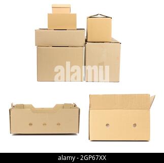 stack of closed cardboard brown paper boxes isolated on white background, set Stock Photo