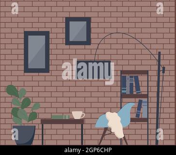 Fashionable interior in loft style. Vector illustration of a living room brick walls, coffee table, armchair, bookcase, metal floor lamp, paintings, books, cup on the table. Brutal style indoor Stock Vector