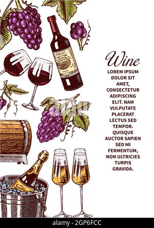 Wine poster or vineyard banner. Sparkling champagne background, Cheers toast and Grape. Hand Drawn engraved vintage old sketch for bar, alcohol label Stock Vector