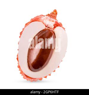 Isolated lychees. Ripe litchi fruit isolate on white background with clipping path for package design. Full depth of field. Perfectly retouched. Stock Photo