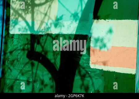 A facade of a building painted in different colors Stock Photo
