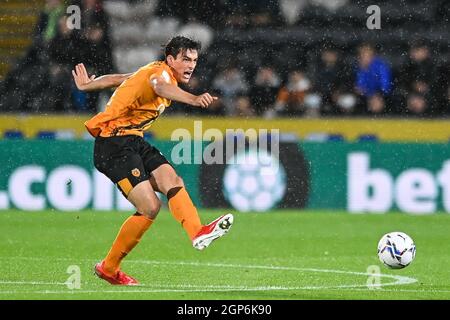 Jacob Greaves #4 of Hull City passes the ball in, on 9/28/2021. (Photo by Craig Thomas/News Images/Sipa USA) Credit: Sipa USA/Alamy Live News Stock Photo