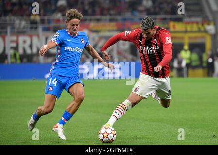 Milan, Italy. 28th Sep, 2021. Marcos Llorente of Atletico Madrid and Theo Hernandez of AC Milan during the Uefa Champions League group B football match between AC Milan and Atletico Madrid at San Siro stadium in Milan (Italy), September 28th, 2021. Photo Andrea Staccioli/Insidefoto Credit: insidefoto srl/Alamy Live News Stock Photo