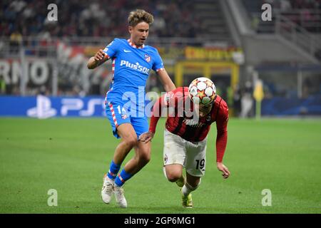 Milan, Italy. 28th Sep, 2021. Marcos Llorente of Atletico Madrid and Theo Hernandez of AC Milan during the Uefa Champions League group B football match between AC Milan and Atletico Madrid at San Siro stadium in Milan (Italy), September 28th, 2021. Photo Andrea Staccioli/Insidefoto Credit: insidefoto srl/Alamy Live News Stock Photo