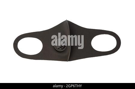 black textile protective mask with plastic face valve isolated on white background, close up Stock Photo