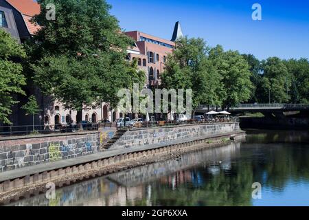 River promenade at the Ilmenau, old town of Lueneburg, Germany Stock Photo