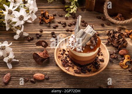 Four layered choclate and coffee mousee mini round cake with salty caramel topping Stock Photo