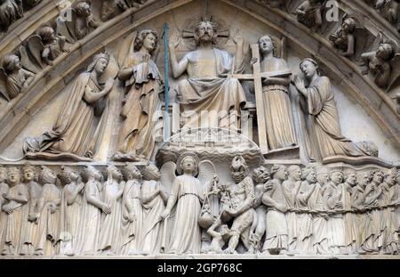 Christ in Majesty, Portal of the Last Judgment, Notre Dame Cathedral, Paris, UNESCO World Heritage Site in Paris, France Stock Photo