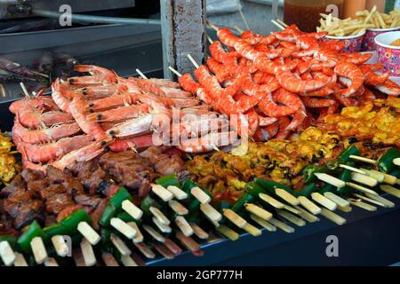 Various skewers with meat and seafood, seafood, local, Naka Weekend Market, Phuket, Thailand Stock Photo
