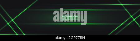 Black wide abstract tech horizontal vector background with green neon lines. Technology banner with green luminous lines. Futuristic technological Stock Vector