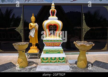 Altar with bowls for incense sticks, temple Wat Khao Rang, Phuket, Thailand Stock Photo