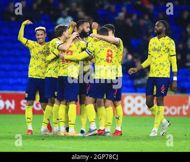 Cardiff City Stadium, Cardiff, UK. 28th Sep, 2021. EFL Championship football, Cardiff versus West Bromwich Albion; West Bromwich Albion players celebrate after going 0-2 up in the 56th minute Credit: Action Plus Sports/Alamy Live News Stock Photo
