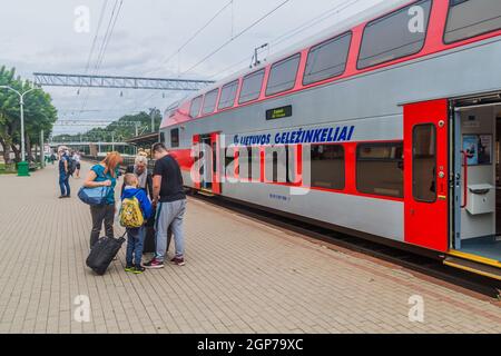 KAUNAS, LITHUANIA - AUGUST 16, 2016: Train at the main Train Station in Kaunas, Lithuania Stock Photo