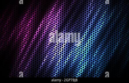 Dark hexagon tech colorful sport background with carbon fiber. Technology honeycomb abstract vector background with blue and pink colored bright Stock Vector