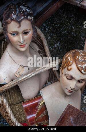 Heads of old fashion dolls, Auer Dult, Munich, Upper Bavaria, Bavaria, Germany Stock Photo