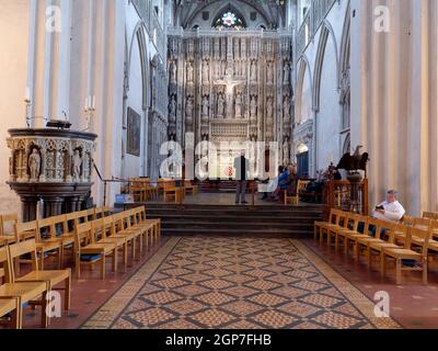 St Albans, Hertfordshire, England, September 21 2021: Interior of the Cathedral with the Pulpit on the left. Stock Photo