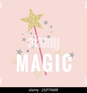 Shine magic star slogan fashion print. Shine like a STAR art vector illustration on pink background for girl t-shirt or other uses Stock Vector