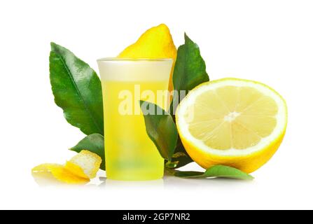 Limoncello, Italian liqueur lemon on white background. Stock Photo