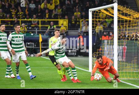 Dortmund, Germany. 28th Sep, 2021. Football: Champions League, Borussia Dortmund - Sporting Lisbon, Group Stage, Group C, Matchday 2 at Signal Iduna Park. Lisbon's goalkeeper Antonio Adan catches the ball. Credit: Bernd Thissen/dpa/Alamy Live News Stock Photo