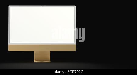 3D computer monitor with a white screen in the dark background with a copy space on the right Stock Photo