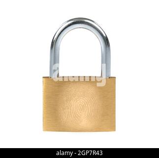 New metal padlock with fingerprint on white background Stock Photo