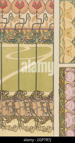 Design for Wallpaper with flowers from Documents décoratifs, by Alphonse Mucha (1860-1939) and published by Librairie Centrale des Beaux-Arts. Print. Stock Photo