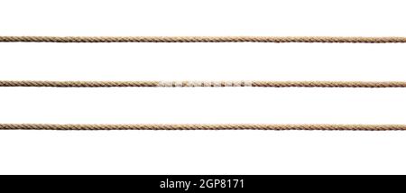 Three straight lines of twisted manila rope isolated on a white background. Stock Photo