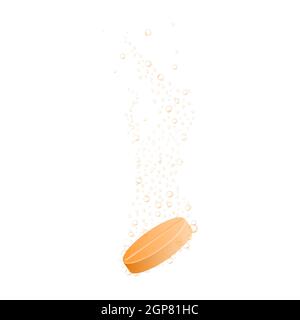 Effervescent soluble orange tablet with fizzing underwater bubbles. Medicine or vitamin pill dissolving in water isolated on white background. Vector realistic illustration. Stock Vector