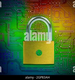 Closed lock on circuit background, security concept. Stock Photo
