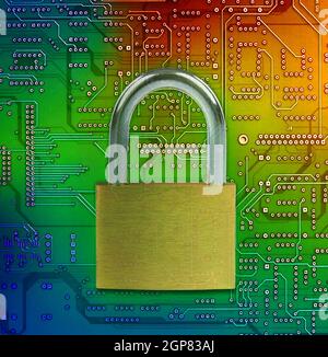 Closed lock on circuit background, security concept. Stock Photo