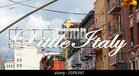 NEW YORK - JULY 07, 2015: Welcome to Little Italy sign in Lower Manhattan. Little Italy is an Italian community in Manhattan. Stock Photo