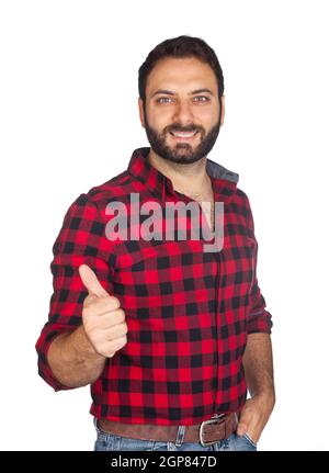 Worker in plaid shirt with thumb up on white background Stock Photo