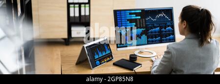 Business Woman Analyst Using KPI Data On Computer Stock Photo