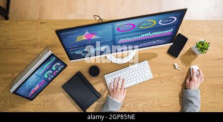 Business Woman Analyst Using KPI Data On Computer Stock Photo