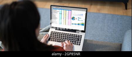 Woman Using Spreadsheet Reports On Laptop Computer Stock Photo