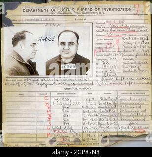 Al Capone's FBI criminal record in 1932, showing most of his criminal charges were dismissed. Alphonse Gabriel Capone (1899 – 1947) American gangster attained notoriety during the Prohibition era as the co-founder and boss of the Chicago Outfit. His seven-year reign as a crime boss ended when he went to prison at the age of 33. Stock Photo