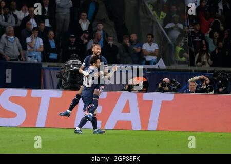 Paris, France. 28th Sep, 2021. Joy of LIONEL MESSI and NEYMAR JR after the second goal of his team during the UEFA Champions League Group stage Group A between Paris Saint Germain and Manchester City at Parc des Princes Stadium - Paris France.Paris SG won 2:0 (Credit Image: © Pierre Stevenin/ZUMA Press Wire) Stock Photo