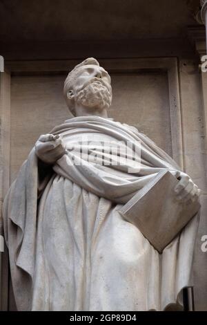 Statue of Saint on the facade of Saint Augustine church in Paris, France Stock Photo