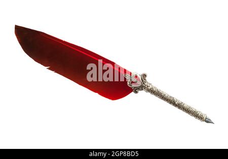 Red Feather Pen Cut Out on White. Stock Photo