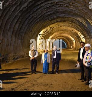 Srinagar, India. 28th Sep, 2021. BALTAL, INDIA - SEPTEMBER 28: Union Transport Minister Nitin Gadkari during a review of the construction work at Zojila Tunnel on September 28, 2021 in Baltal, India. Zojila tunnel is of significant importance with regard to national security and development to both UTs as it will provide round the year connectivity to the Ladakh region- Kargil and Leh. (Photo by Waseem Andrabi/Hindustan Times/Sipa USA) Credit: Sipa USA/Alamy Live News Stock Photo