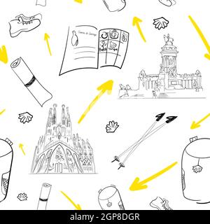 Seamless pattern with yellow arrow and pilgrim needed things. Backpack, pilgrim passport, travel mat, trekking sticks, boots, water. Buen Camino - wis Stock Vector