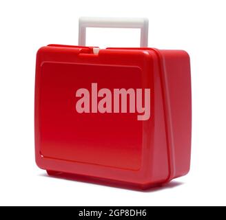 Plastic Red Lunch Box Cut Out on White. Stock Photo