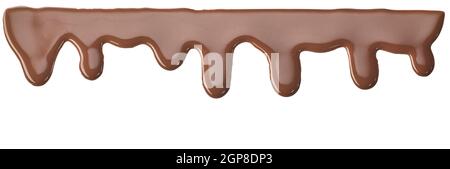 Strip of smooth chocolate drips flowing from the top isolated on white background. Liquid chocolate sample Stock Photo