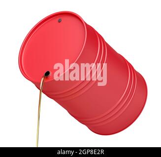 Oil pours from a metal drum, isolated on white background Stock Photo