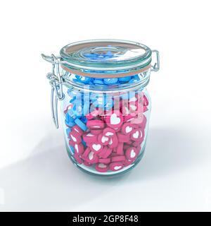 glass jar containing like icons and social media hearts. 3d render. Stock Photo