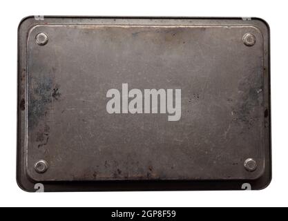 rusty rectangular baking sheet isolated on white background, close up Stock Photo