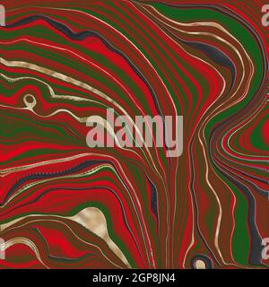 Fluid marbling effect in red with gold veins. Liquid abstract marble agate background with gold glitter splatter texture. Beautiful abstract template. Stock Photo