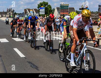 Amboise, France - July 1,2021: The breakaway riding on a road in Amboise during the Tour de France 2021. Stock Photo